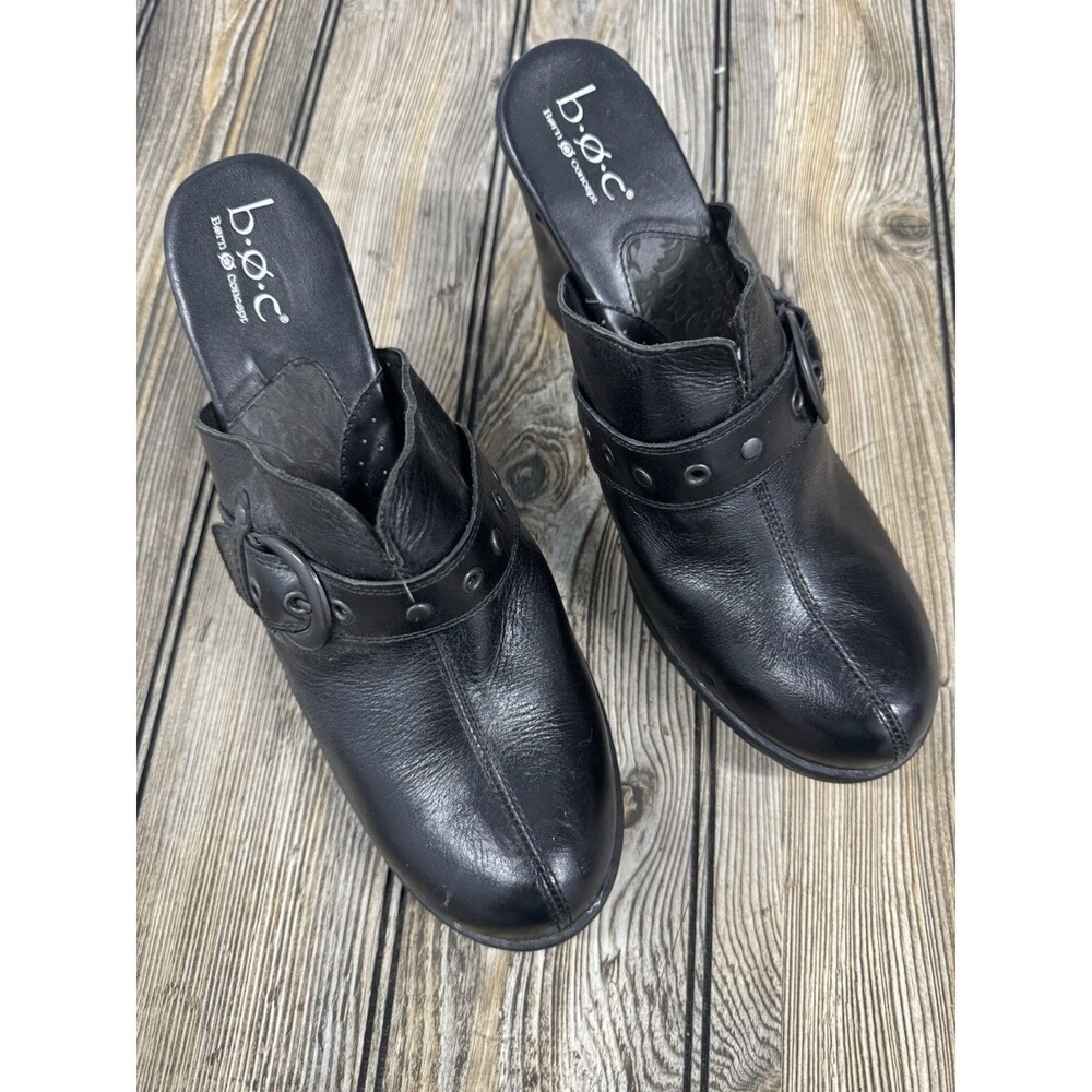 Womens Born Concept Heeled Clog Shoe Open Back Black Leather US 10